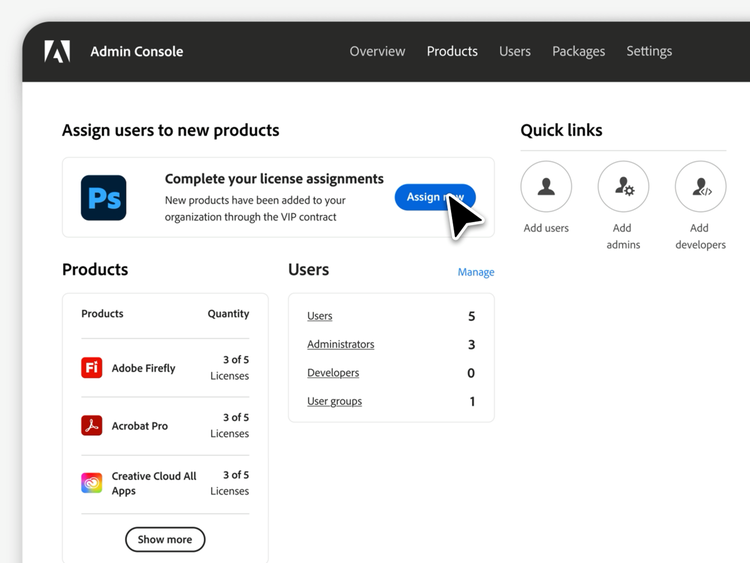 https://main--edu--adobecom.aem.page/edu-shared/assets/video/media_13daec86545931f1956592b76bdb9aa51bdce1025.mp4#_autoplay | Animated demo of Adobe Admin Console. An IT admin assigns software licenses, manages user groups by department, then opens Adobe Firefly to generate an image.