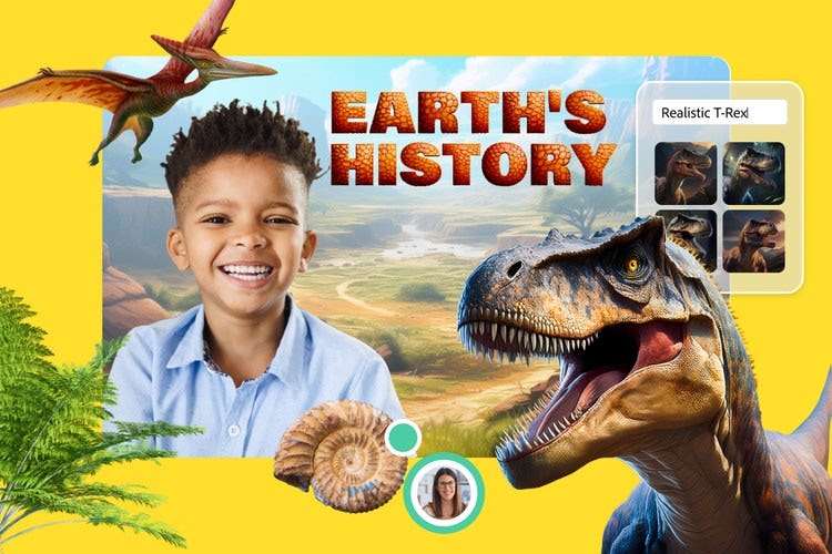 Yellow background with dinosaurs like a realistic T-Rex and a happy student