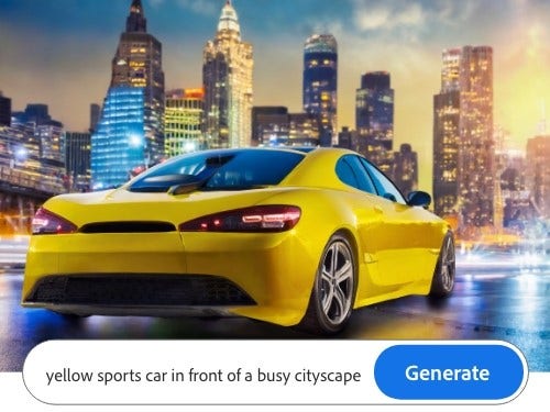 Kollane sportauto fotorealistliku linnavaate taustal tekstikäsuga, mida kasutati tehisintellekti genereeritud tootefoto taustana Firefly rakenduses