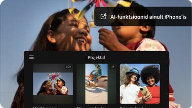 Videokaader kahest tuuleveskiga mängivast lapsest koos projektide kasutajaliidese ülekattega, millel on näha sama pilt kahe teise kõrval. Tehisintellekti funktsioonid ainult iPhone'il