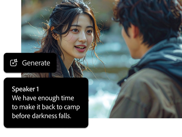 Naine räägib mehega väliskeskkonnas. Paremal on tekst „Speaker 1“ ja „We have enough to make it back to camp before darkness falls." Teisel tekstiväljal on kirjas „Generate“.