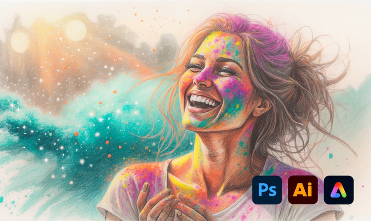 Ergas tehisintellekti kunst naisest värvilise festivalipulbri ja maagilise bokeh-efektiga, koos Photoshopi, Illustratori ja Adobe Expressi ikoonide ülekattega.