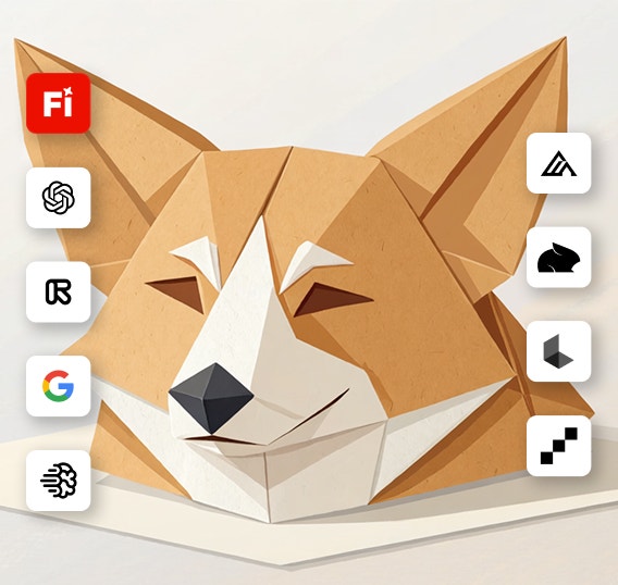 Origami korgi pea illustratsiooni kõrval on kuvatud ikoonid, mis kujutavad Firefly partnermudeleid, sealhulgas OpenAI, Google ja teised.