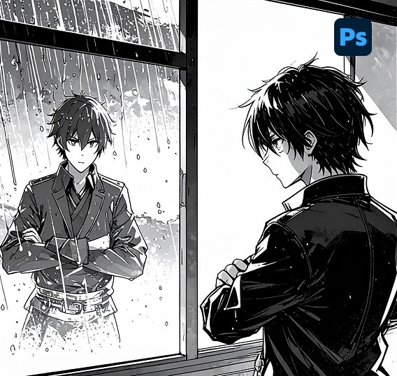 Mustvalge tehisintellektipõhine animekunst, kus meesterahvas vaatab aknast välja ja seisab vihmas, Photoshopi logo kattekihiga.