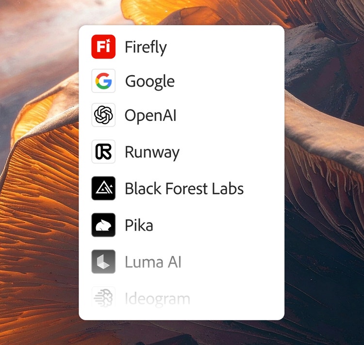 Rippmenüü, mis kuvab mitme tehisintellekti mudeli (sh Firefly, Google, OpenAI, Runway, Black Forest Labs, Pika ja Luma AI) logosid futuristlikul taustapildil.