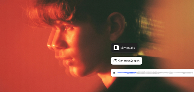 Stiliseeritud pilt liikuvast mehest, kes kuulab häälmemo, millel on Firefly Generate Speech UI (kõne genereerimise liides) ja ElevenLabsi logo.