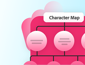 Pink illustration of a character tree map.