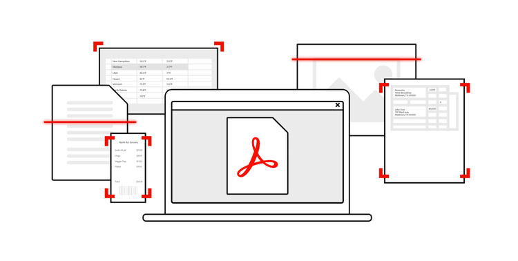 A laptop uses Adobe software to open, view, and edit scanned documents using OCR.