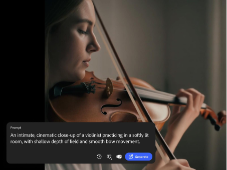 https://main--cc--adobecom.aem.page/cc-shared/assets/firefly/video/music-video/media_1248d717195added328ed0c67442f96f498d7882c.mp4#_autoplay&mute=true | A still from a video of a woman playing a violin. The prompt text reads: "An intimate, cinematic close-up of a violinist practicing in a softly lit room, with shallow depth of field and smooth bow movement." Will complete PM review today as well and comment once done.