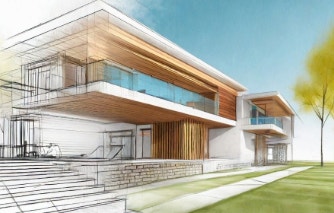 Firefly AI generated 3D architecture image from text prompt showing modern rendering of house with wood and glass