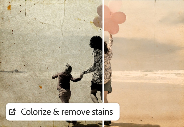 A clear visual comparison showing a severely damaged photo next to the same image fully repaired, with all tears, spots and creases removed.