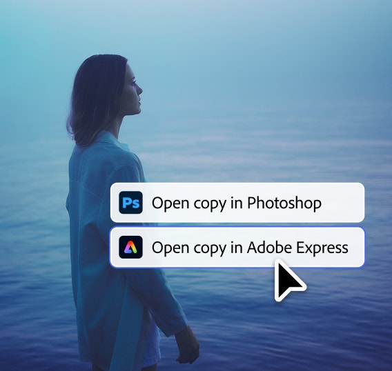 An AI generated image of a woman in a white shirt in front of water with the 'Open copy in Adobe Express' action selected.
