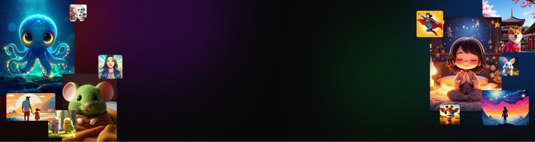 Banner with collage showing different styles of AI generated cartoon characters from 3D to illustrated