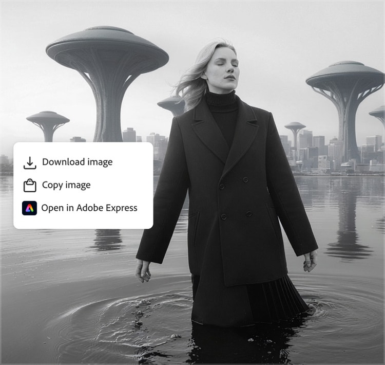 Options to download, copy or open an image of a woman standing in front of a futuristic landscape are displayed atop the image.
