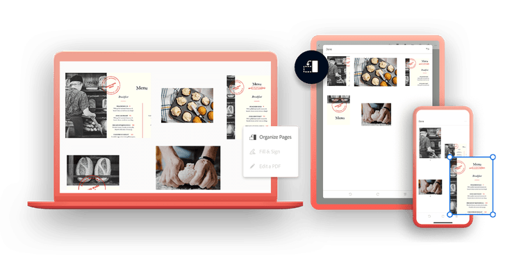 Un ordenador, una tableta y un dispositivo móvil muestran el mismo PDF, con ventanas emergentes en las que aparece seleccionada la herramienta Organizar páginas de Acrobat, Imagen