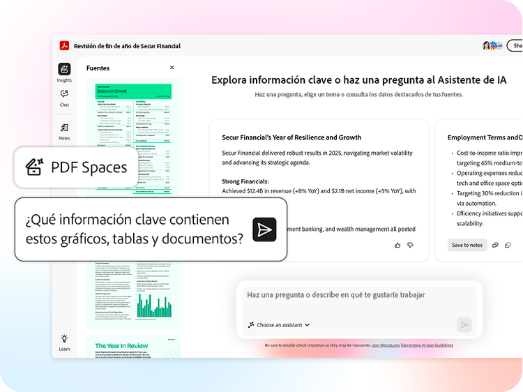 Un PDF Space con tecnología de IA con una burbuja de chat incluida que solicita información clave.