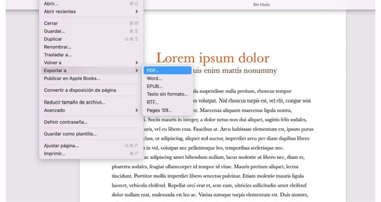 Captura de pantalla del proceso para exportar de Pages a PDF.