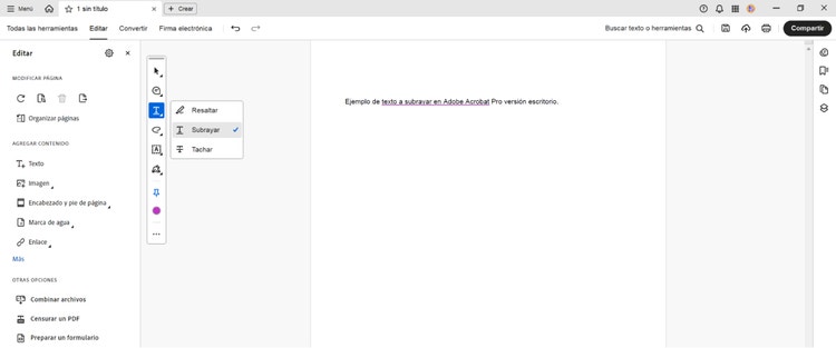 Captura de pantalla mostrando la opción para subrayar un texto de la herramienta Editar PDF de Adobe Acrobat Pro en su versión de escritorio.