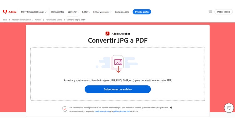 https://www.adobe.com/es/acrobat/online/jpg-to-pdf.html | Captura de pantalla de la herramienta online para convertir JPG a PDF de Adobe Acrobat.