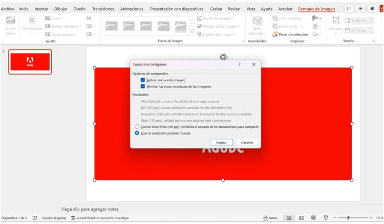 Captura de pantalla ilustrando la función para comprimir imágenes en un PDF de Adobe Acrobat.