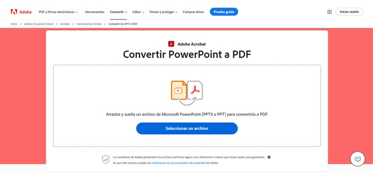 https://www.adobe.com/es/acrobat/online/ppt-to-pdf.html | Captura de pantalla de la herramienta online Convertir PowerPoint a PDF de Adobe Acrobat.