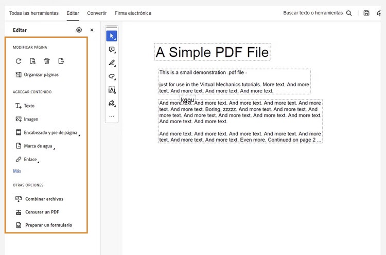 Ilustración: Captura de pantalla ilustrando cómo editar PDF para posteriormente poder escribir en él.