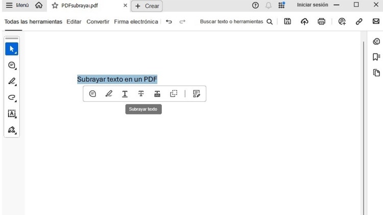 Captura de pantalla mostrando la opción para subrayar un texto de la herramienta Editar PDF de Adobe Acrobat Reader en su versión de escritorio.