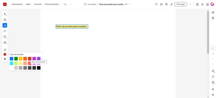 https://www.adobe.com/es/acrobat/online/pdf-editor.html | Captura de pantalla mostrando las opciones de colores para resaltar texto de la herramienta online Editar PDF de Adobe Acrobat.