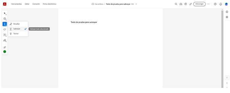 https://www.adobe.com/es/acrobat/online/pdf-editor.html | Captura de pantalla mostrando la opción para subrayar texto de la herramienta online Editar PDF de Adobe Acrobat Pro.