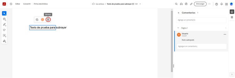 Captura de pantalla mostrando la opción para eliminar el subrayado de un texto de la herramienta online Editar PDF de Adobe Acrobat.