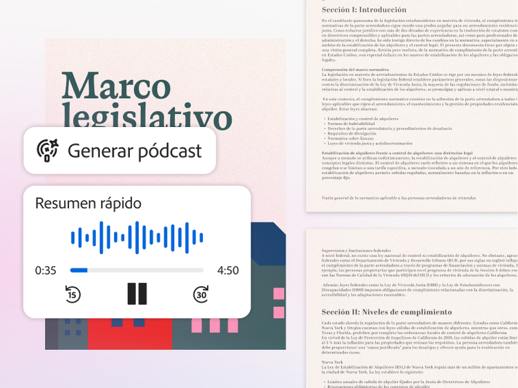 Documento titulado “Legislative Framework” (Marco legislativo) con un reproductor de audio y el texto “Generate podcast” (Generar pódcast) junto a una forma de onda, la duración y los controles de reproducción.