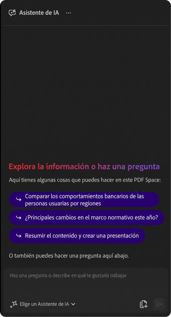 El Asistente de IA para Acrobat en un PDF Space mostrando sugerencias de indicaciones y un cuadro de chat para hacer preguntas sobre los archivos.