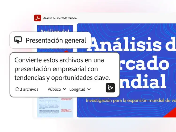 Interfaz con la opción “Generate presentation” (Generar presentación) a partir de archivos, convirtiendo tres documentos en una presentación sobre el análisis del mercado global.