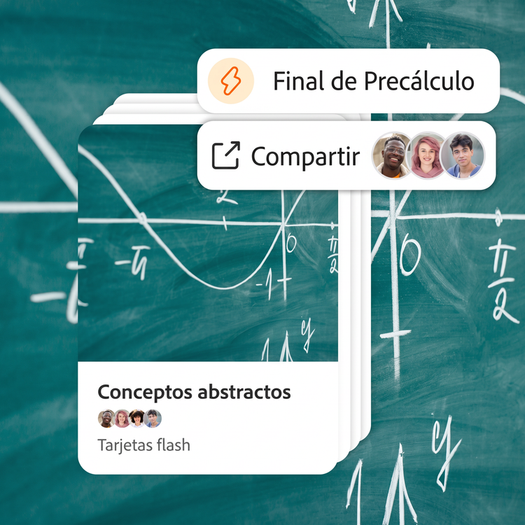 Tarjetas de estudio para un examen final de precálculo compartiéndose con tres personas. Hay un primer plano de un gráfico en una pizarra que actúa como fondo y portada de la baraja de tarjetas.