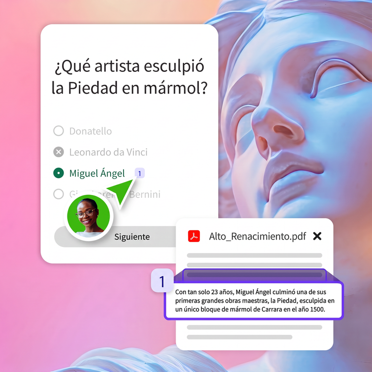 Alguien en una burbuja verde seleccionando la cita junto a la respuesta correcta de su pregunta del cuestionario. La respuesta se respalda con un dato de un recurso en PDF.