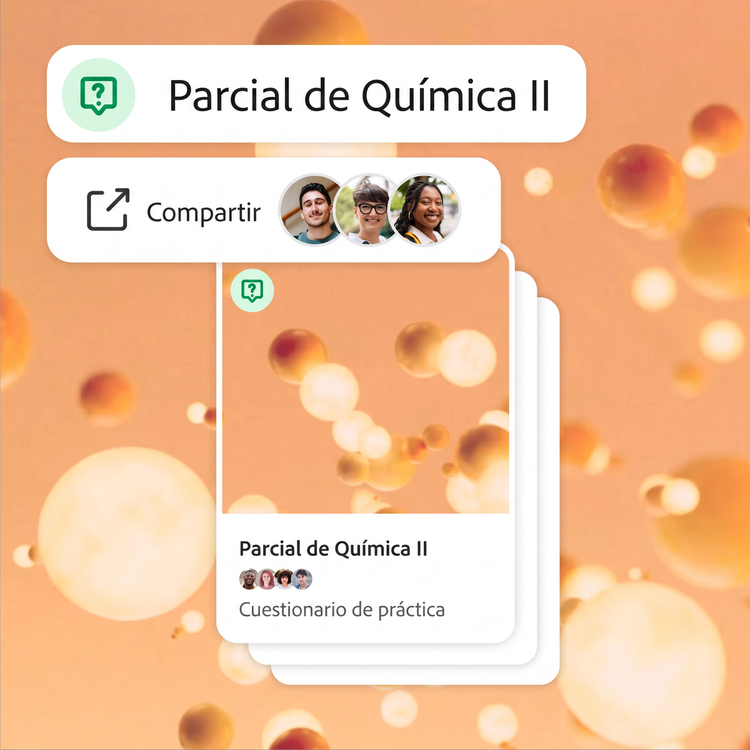 Un cuestionario para un parcial de química compartiéndose con tres personas. Aparecen moléculas naranjas en 3D flotando tanto en el fondo como en la portada de la baraja de tarjetas de estudio.