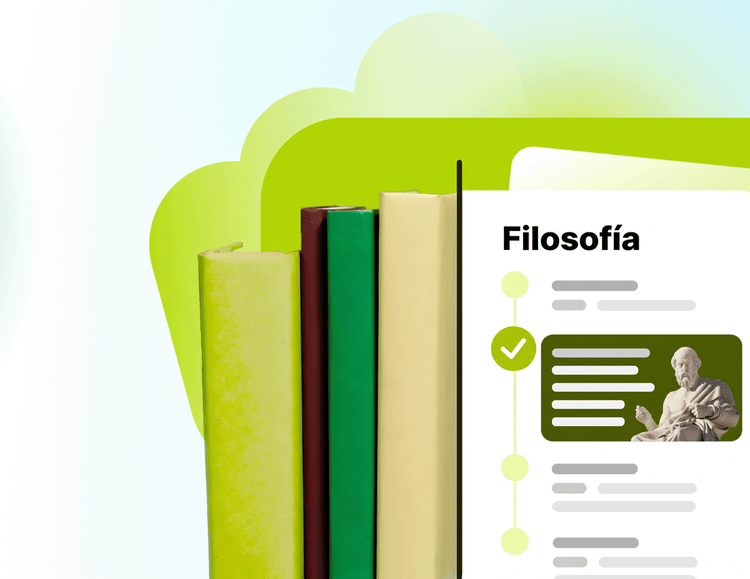 Ilustración de color verde de una guía de estudio de filosofía. Aparecen libros apilados detrás.