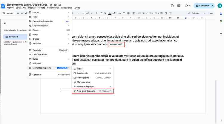 Captura de pantalla de Google Docs mostrando el proceso para insertar una nota al pie: selección del texto, menú Insertar, opción Nota al pie y nota generada al final de la página.