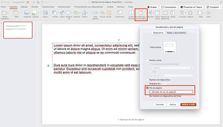 Captura de PowerPoint que muestra cómo insertar una nota al pie marcando la opción “Pie de página” en el cuadro de diálogo de encabezado y pie, y aplicándola a la diapositiva.