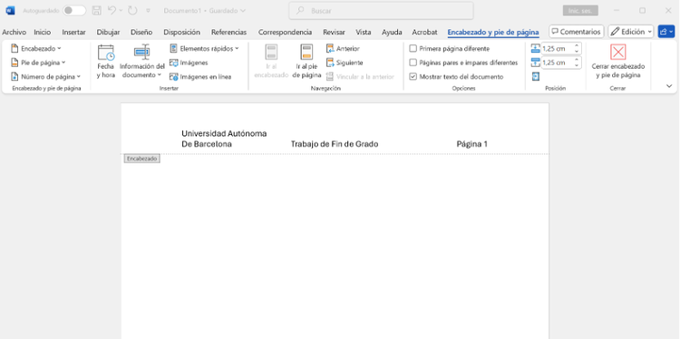 Encabezado de un documento de Word con tres columnas: Universidad Autónoma de Barcelona, Trabajo de Fin de Grado y Página 1