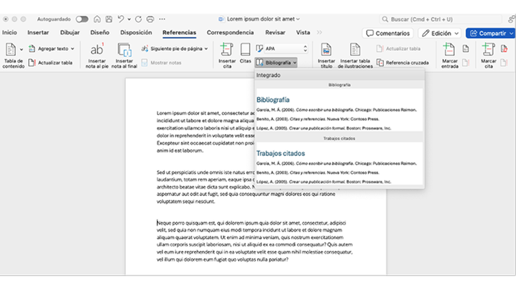 Captura de pantalla de Microsoft Word mostrando la inserción automática de bibliografía en formato APA desde la pestaña Referencias.