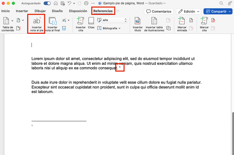 ALT Text: Captura de pantalla de Microsoft Word que muestra el proceso para insertar una nota al pie: selección del texto, menú Referencias, botón “Insertar nota al pie” y nota generada al final de la página.