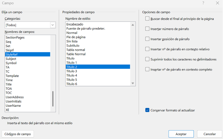 Ventana de Word para insertar un campo de estilo en el encabezado, con la opción “StyleRef” seleccionada y el estilo “Título 2” marcado.
