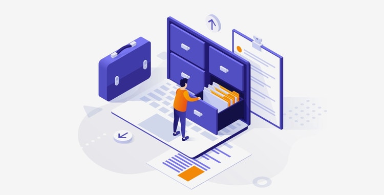 La ilustración muestra cómo una persona archiva documentos digitalmente.