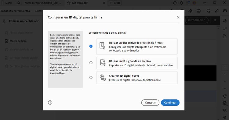 La captura de pantalla muestra cómo se puede firmar un documento PDF con Acrobat Pro.