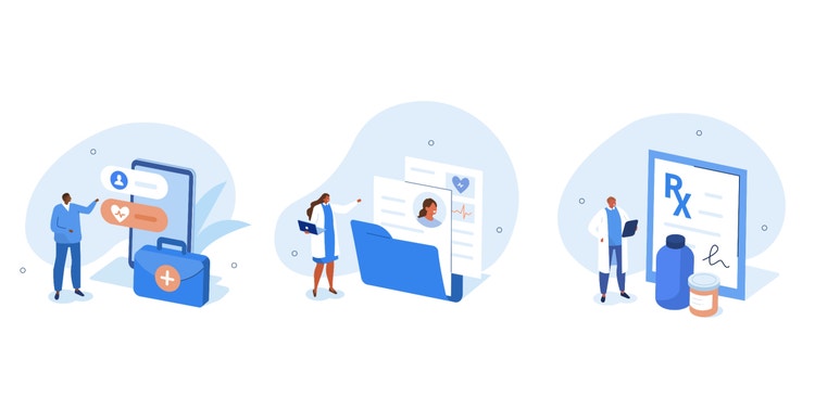 Ilustración que muestra el almacenamiento digital de datos de pacientes y sus ventajas en tres figuras.