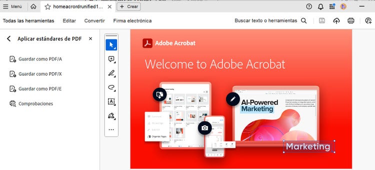 La captura de pantalla de Acrobat Pro muestra la conversión a PDF/A mediante el estándar PDF.