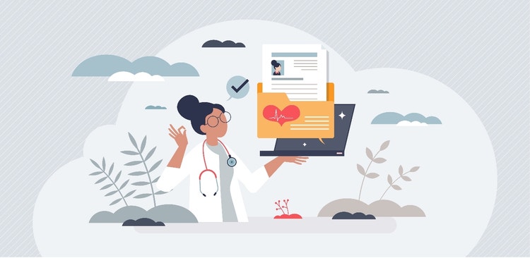 Ilustración de un médico equilibrando un ordenador portátil con un expediente digital de un paciente en una mano.