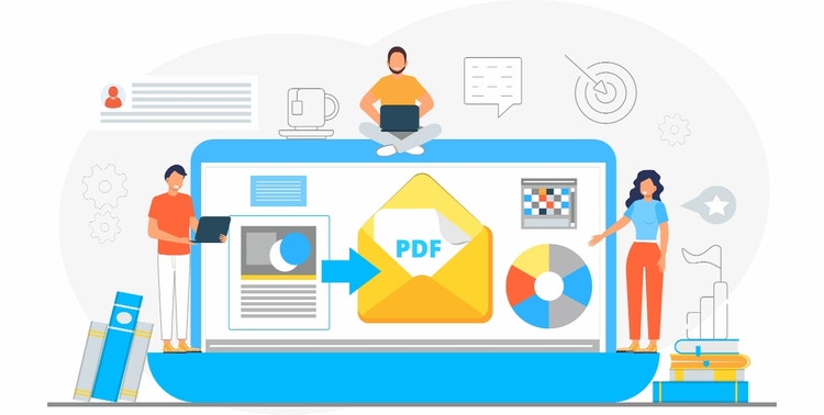 La ilustración muestra lo fácil que es convertir y enviar archivos PDF.