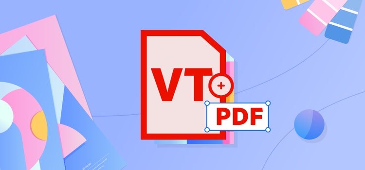 Ilustración que muestra un formato PDF/VT sobre un fondo azul.